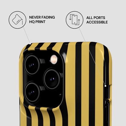 Phone case with black and yellow striped design on a light gray background