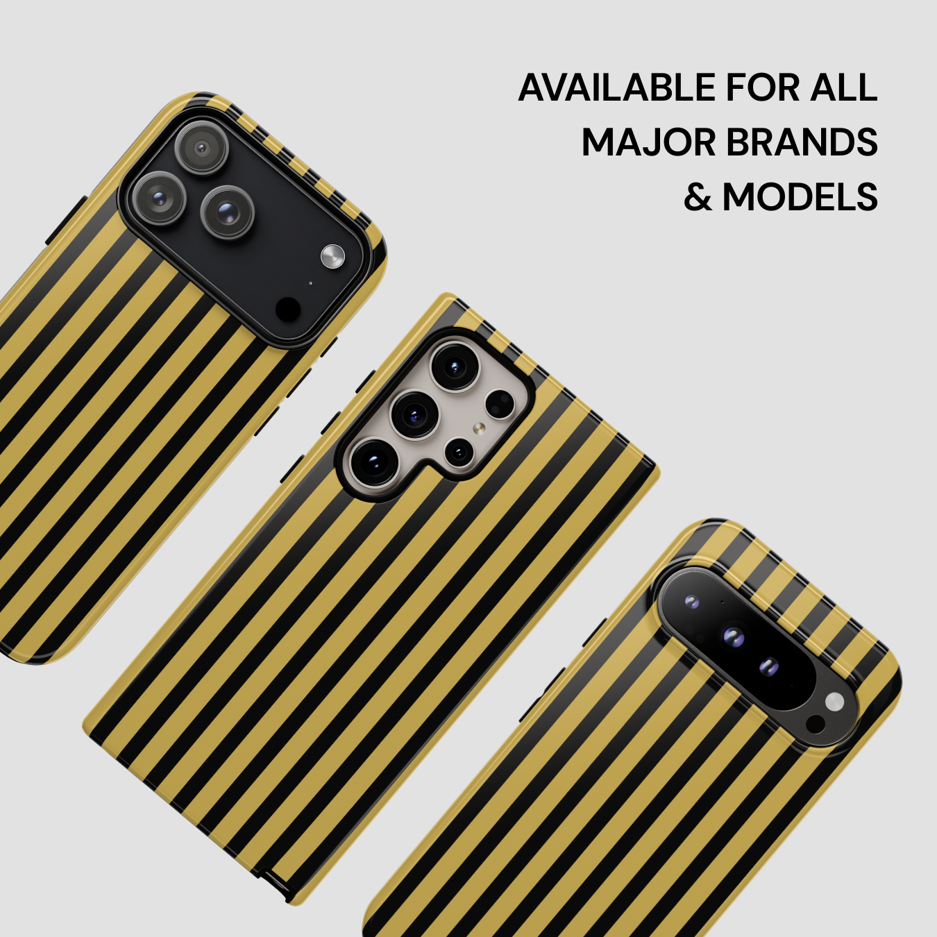 Three striped phone cases on a light gray background with text about compatibility.