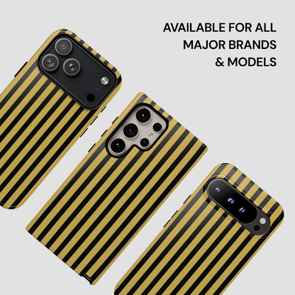 Three striped phone cases on a light gray background with text about compatibility.