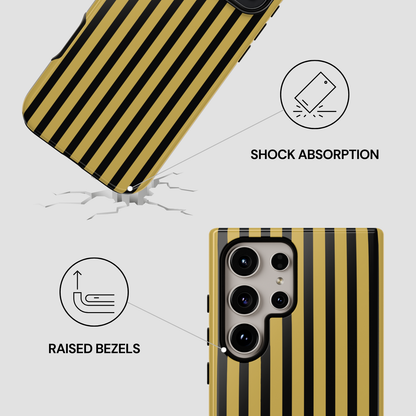 Yellow and black striped phone case with shock absorption and raised bezels features on a white background