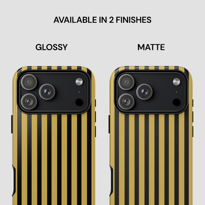 Two phone cases with black and gold striped design, labeled 'Glossy' and 'Matte'.