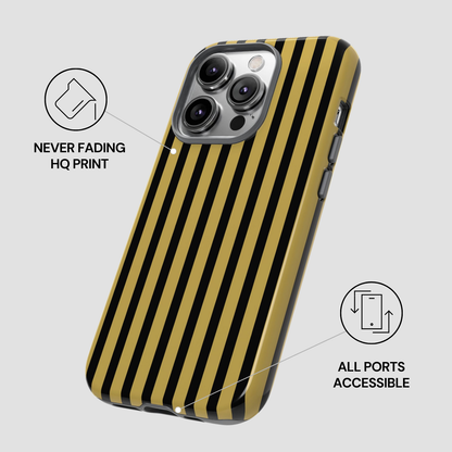 Phone case with black and gold striped design on a light gray background