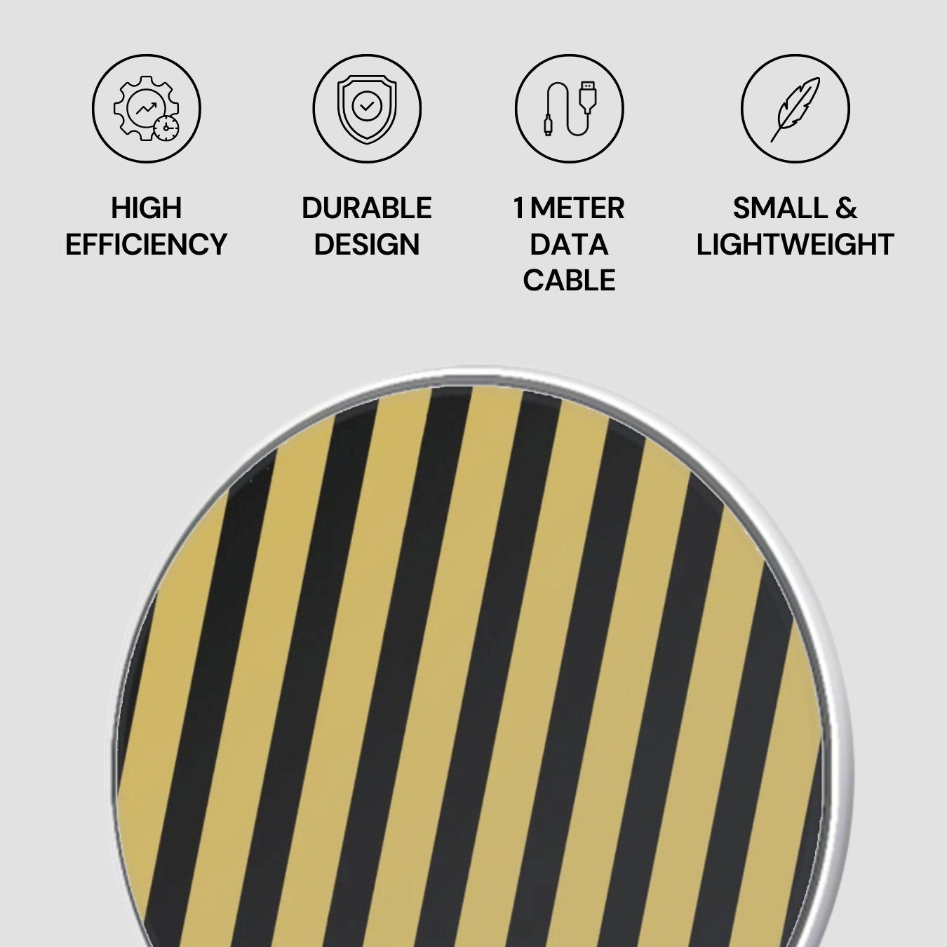 Striped product with icons and text on a light gray background