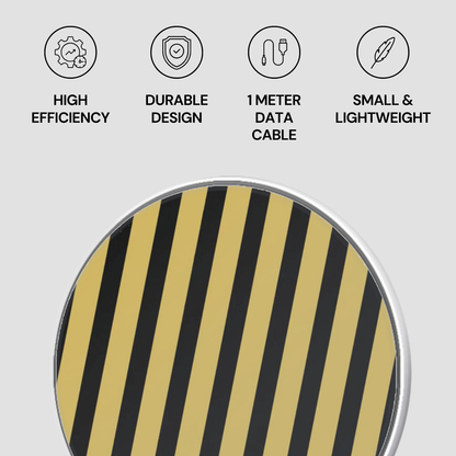 Striped product with icons and text on a light gray background