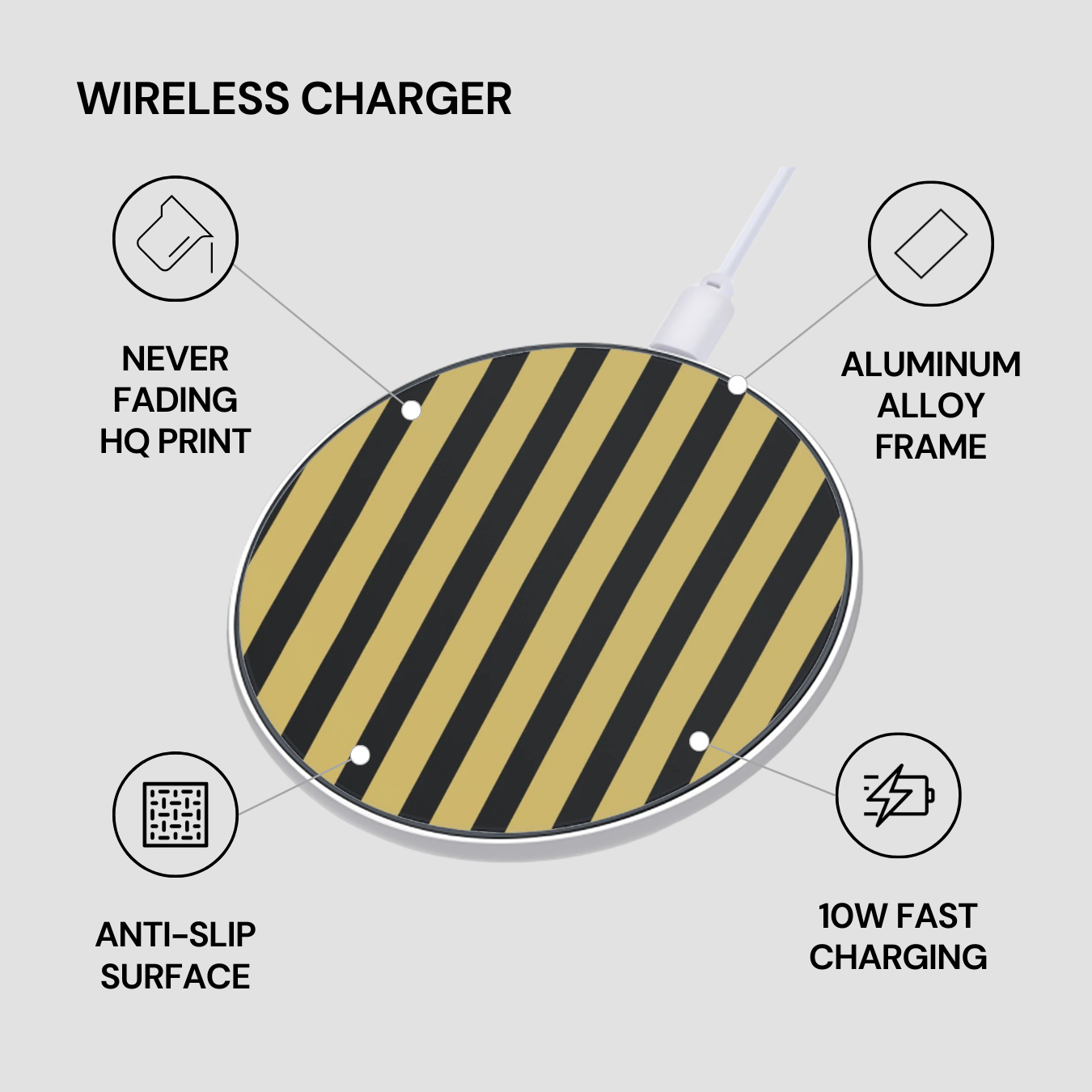 Wireless charger with features listed on a gray background