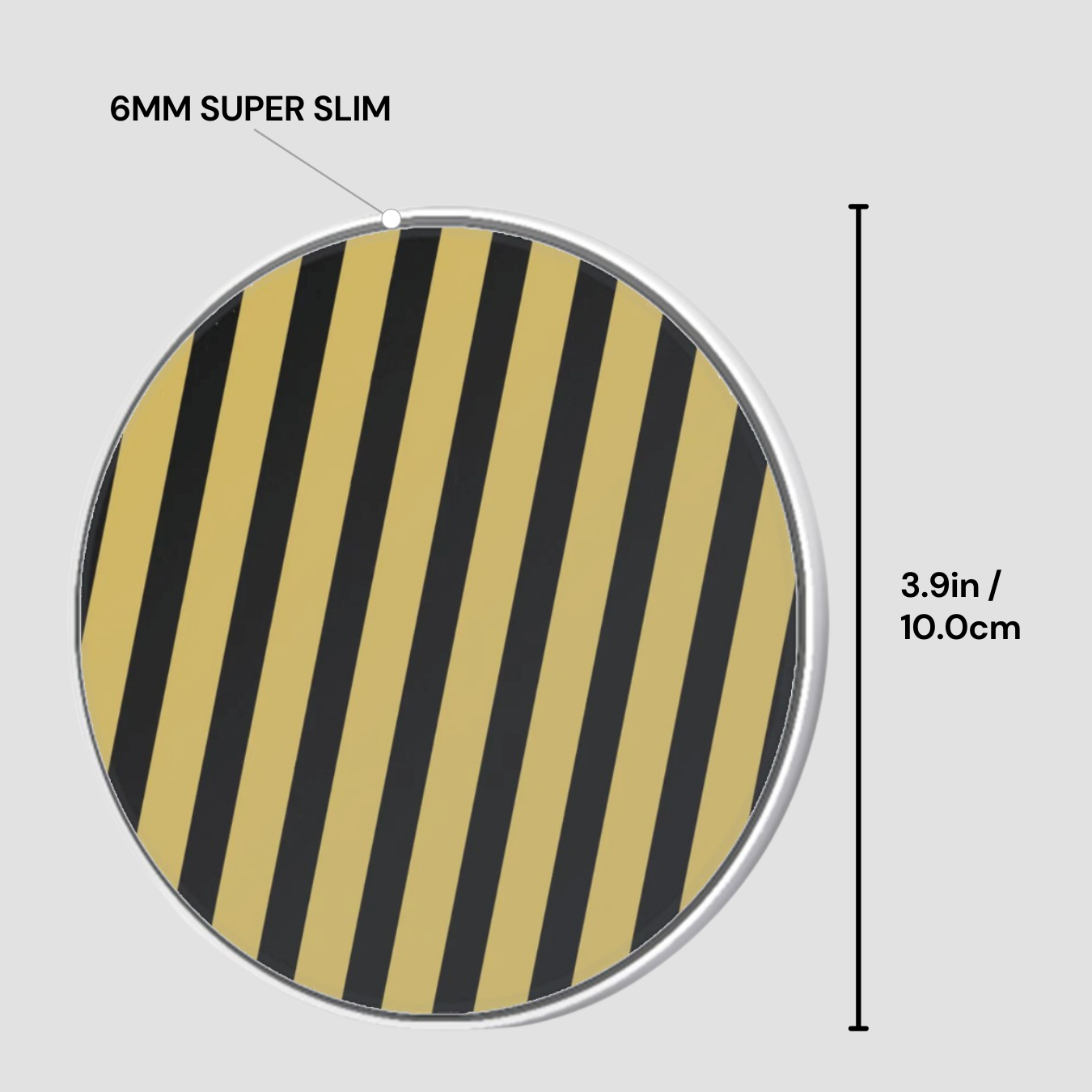 Round object with black and gold striped pattern and measurement details on a gray background