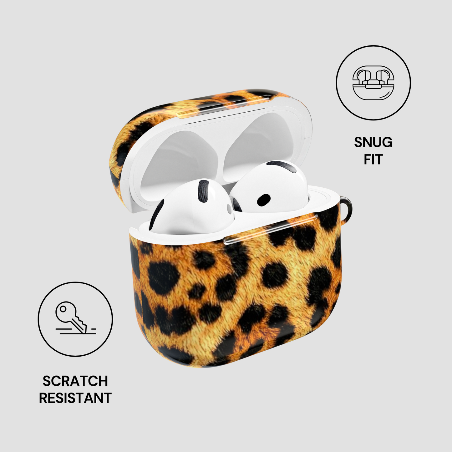 Leopard print case for wireless earbuds with 'Snug Fit', 'Scratch Resistant' icons on a light gray background.