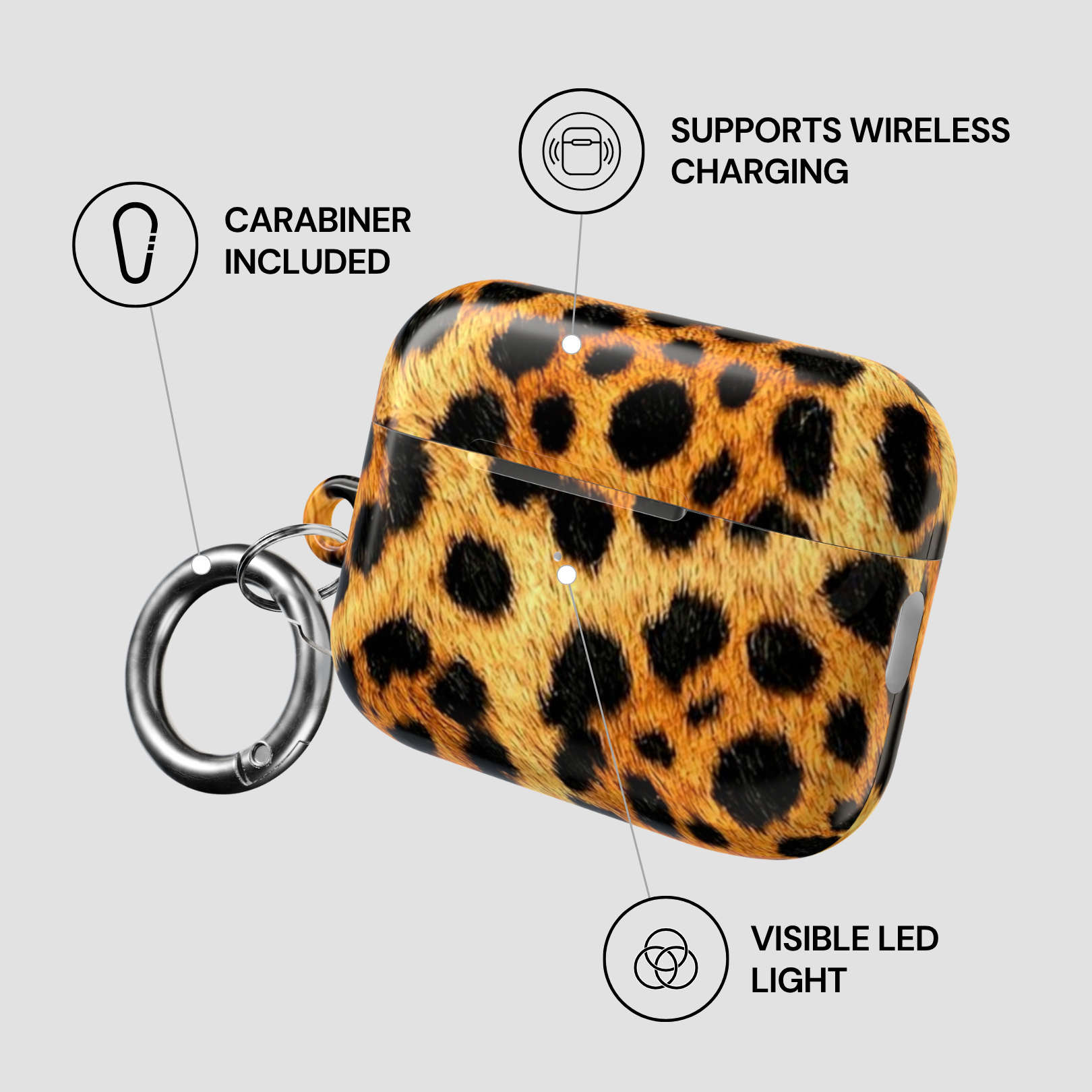 Leopard print case with carabiner, wireless charging support, and visible LED light on a gray background