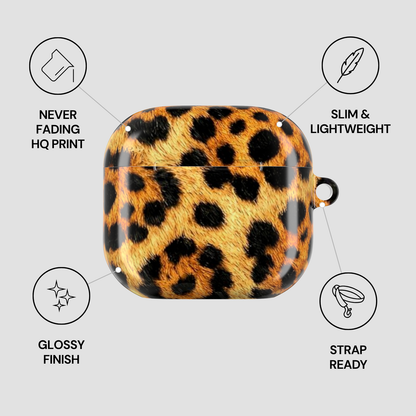 Leopard print case with product features on a gray background