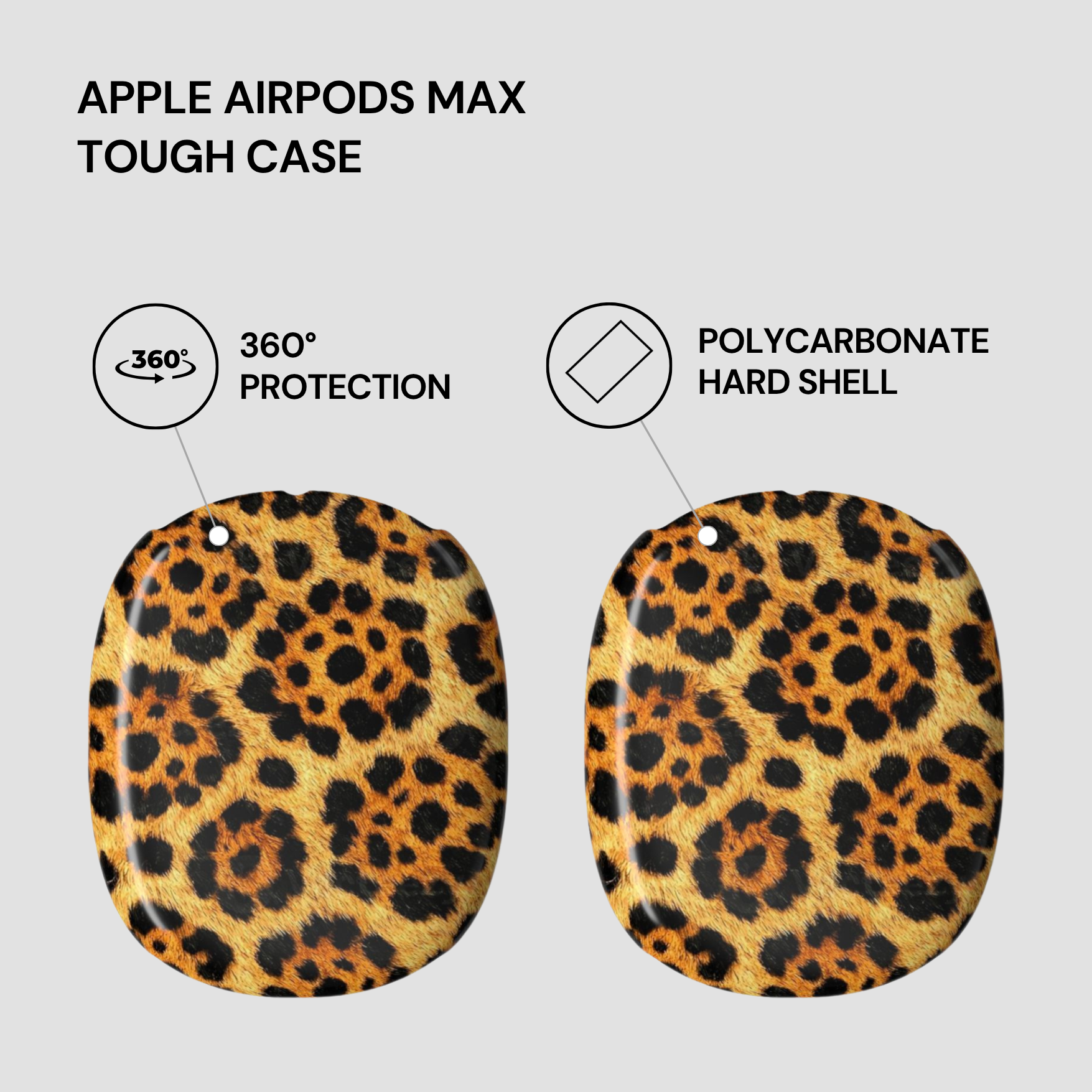 Leopard print tough case for Apple AirPods Max with text highlighting features on a light gray background.