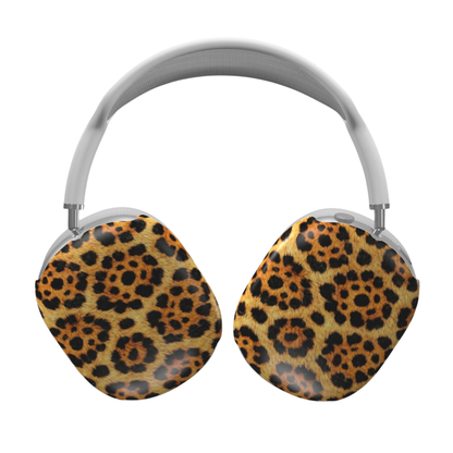Headphones with leopard print ear pads on a white background