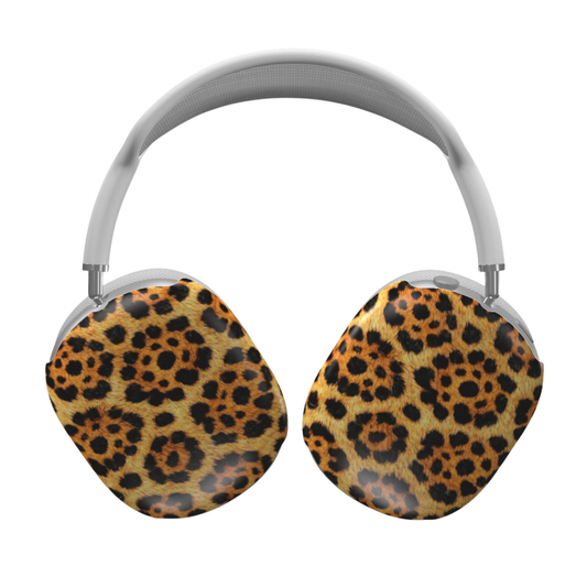 Headphones with leopard print ear pads on a white background