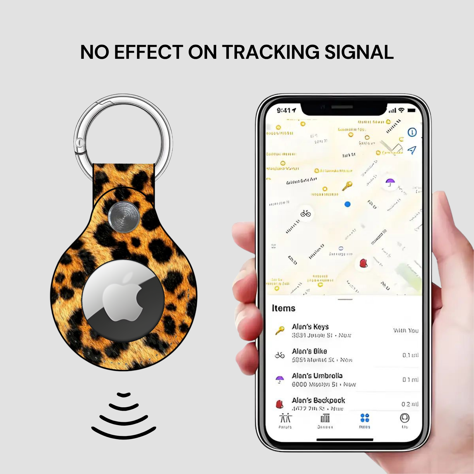 Leopard print tracker with Apple logo on a gray background, held by a hand with a smartphone displaying a location app.