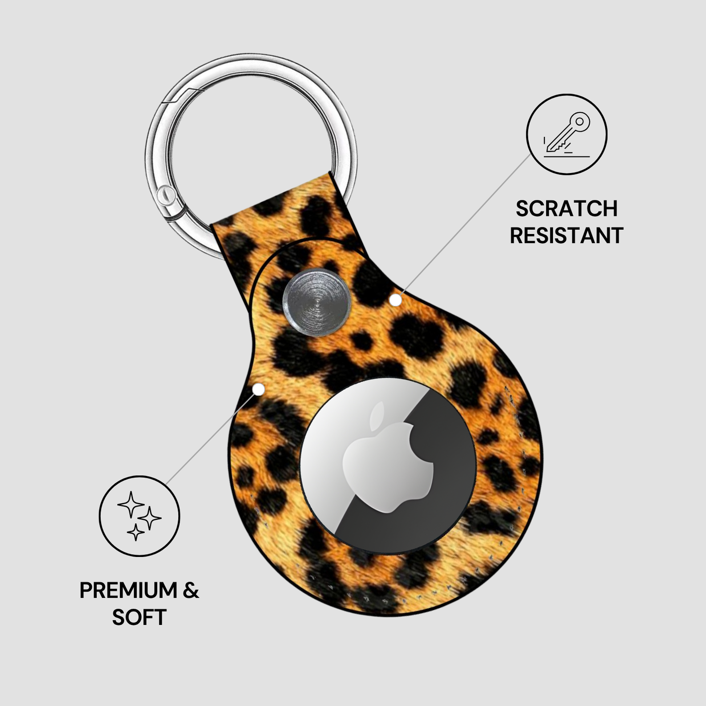 Leopard print case with Apple logo on a gray background
