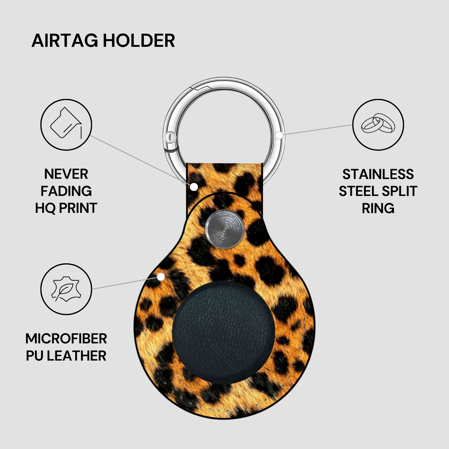 Leopard print airtag holder with features listed on a gray background