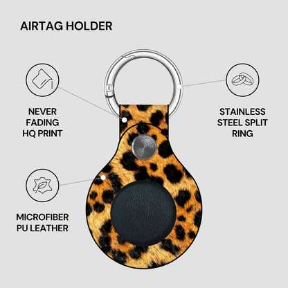 Leopard print airtag holder with features listed on a gray background