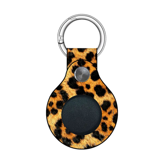 Leopard print keychain with a black center on a white background