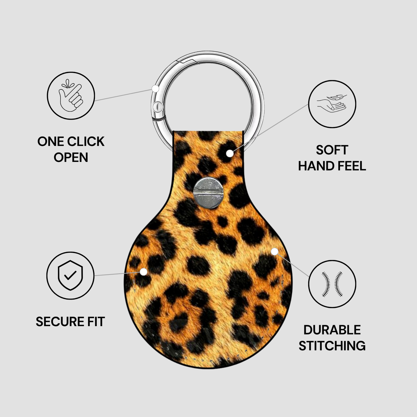 Leopard print keychain with features listed on a gray background