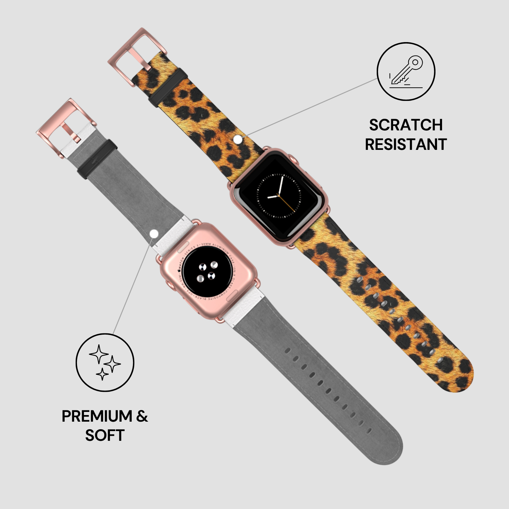 Two smartwatches with leopard print and gray bands on a light gray background