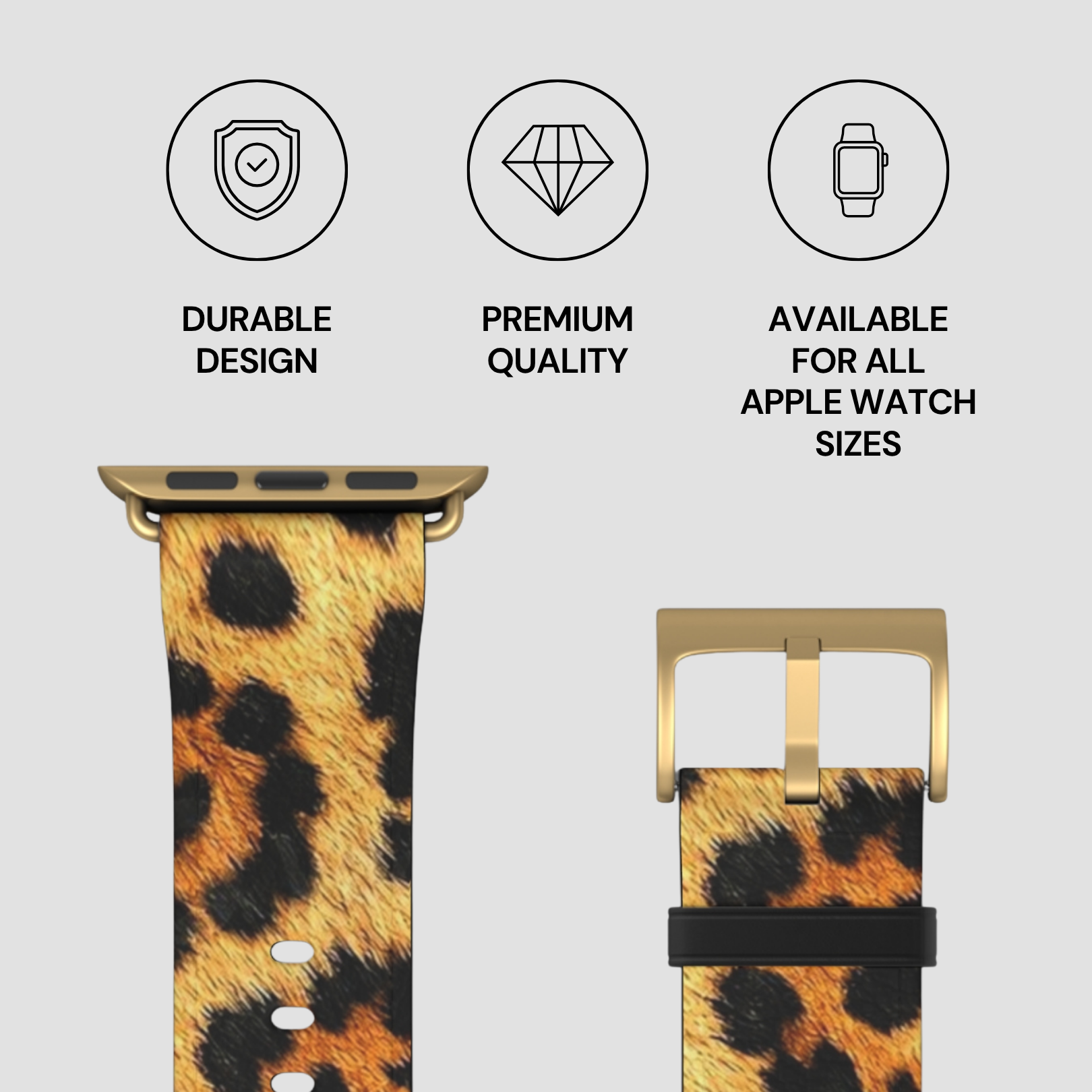 Leopard print watch band with gold buckle on a light gray background, featuring durability, quality, and size availability text.