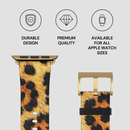 Leopard print watch band with gold buckle on a light gray background, featuring durability, quality, and size availability text.