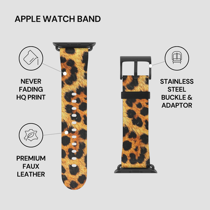 Leopard print Apple Watch band with stainless steel buckle and adapter on a light gray background