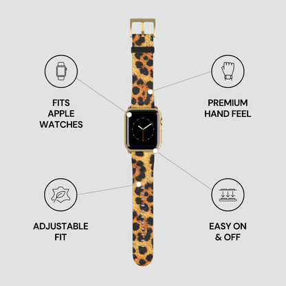 Leopard print watch band with features listed on a gray background