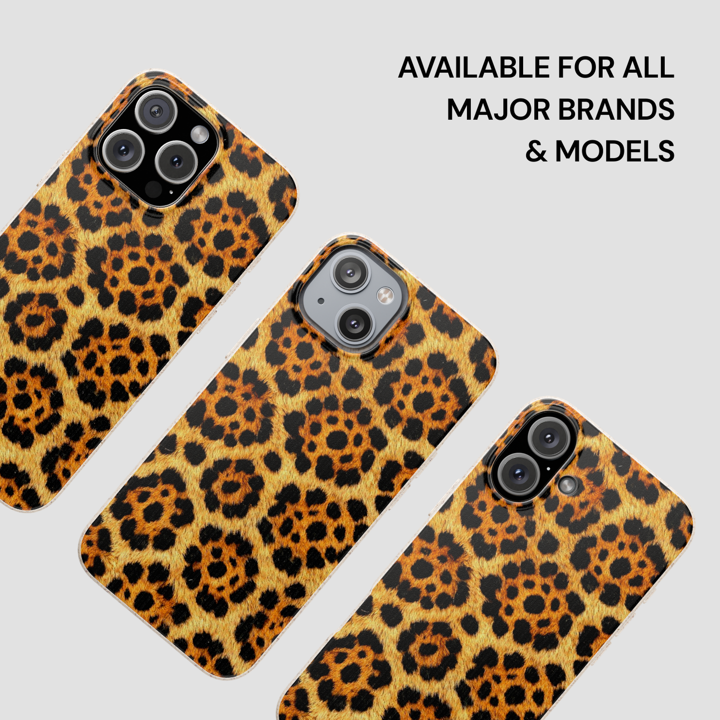 Leopard print phone cases on a light gray background with text indicating availability for major brands and models.