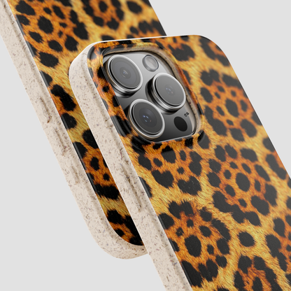 Leopard print phone case with beige border on a light gray background