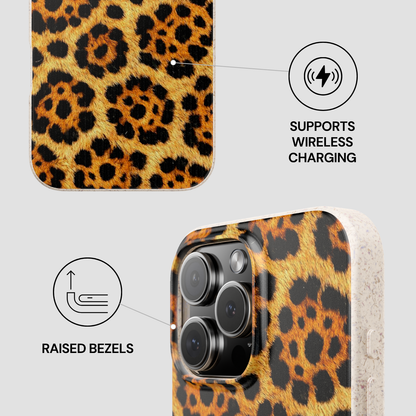 Leopard print phone case with wireless charging and raised bezels features on a light gray background