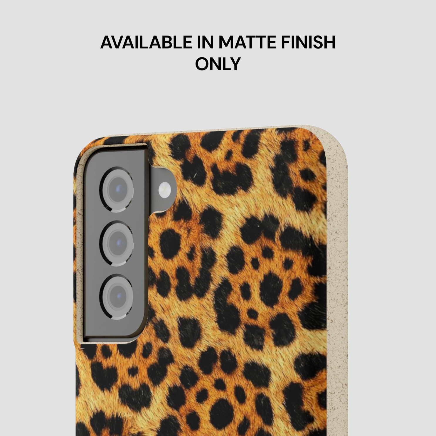 Leopard print phone case with 'Available in Matte Finish Only' text on a light gray background