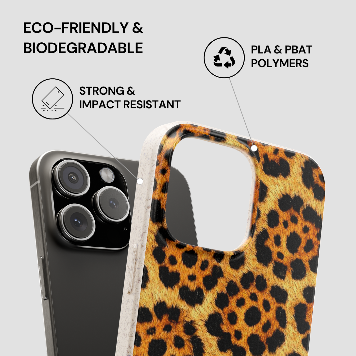 Leopard print phone case with eco-friendly and biodegradable features on a gray background