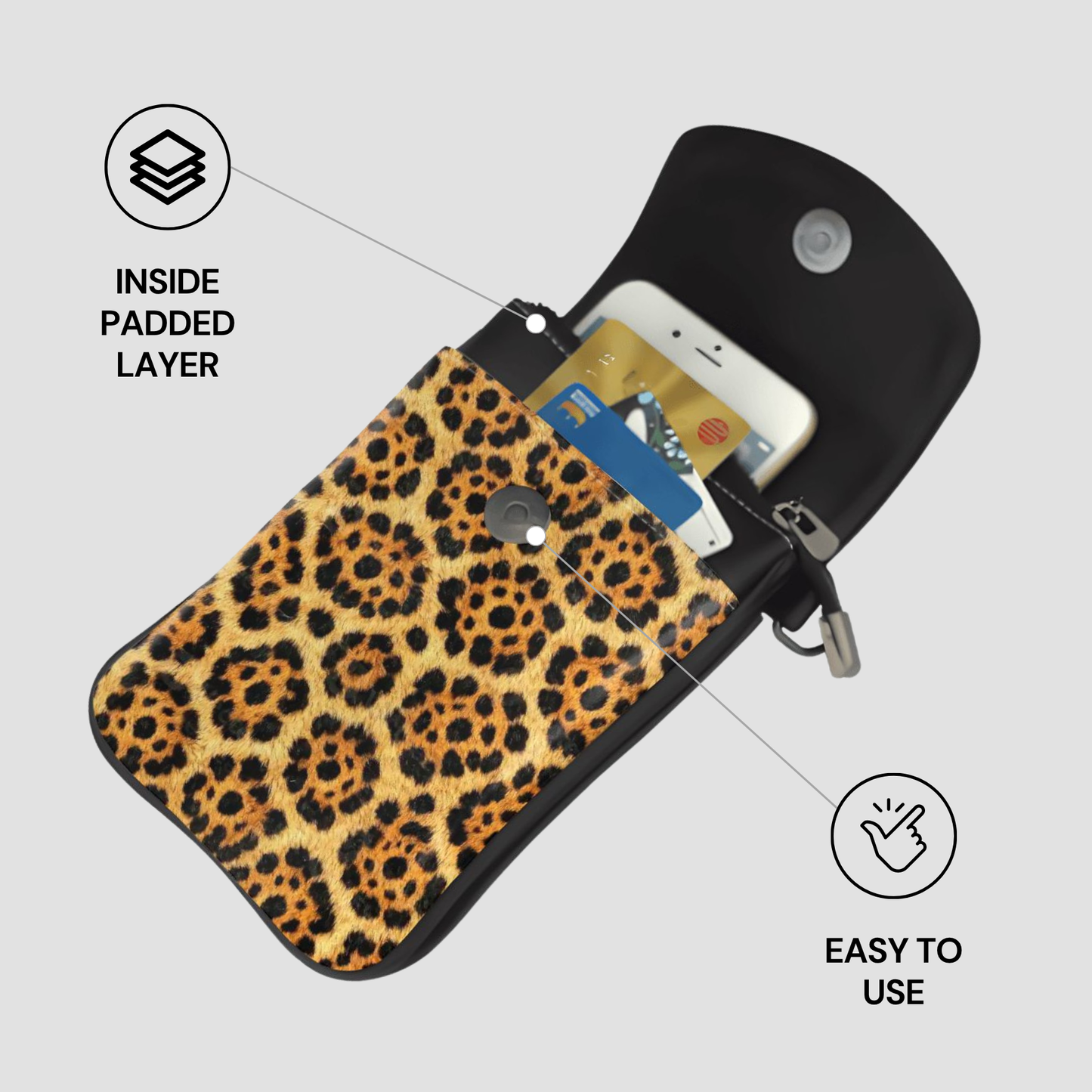 Leopard print phone pouch with card slots on a gray background
