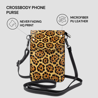 Leopard print crossbody phone purse with features listed on a gray background