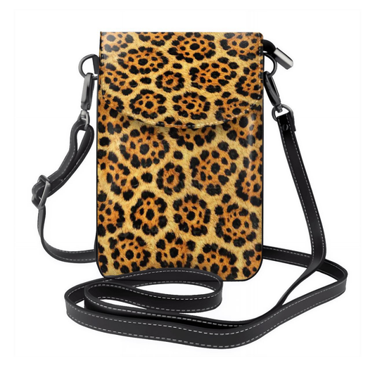 Leopard print crossbody bag with a black strap on a white background