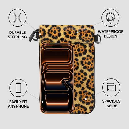 Leopard print phone case with features highlighted on a gray background