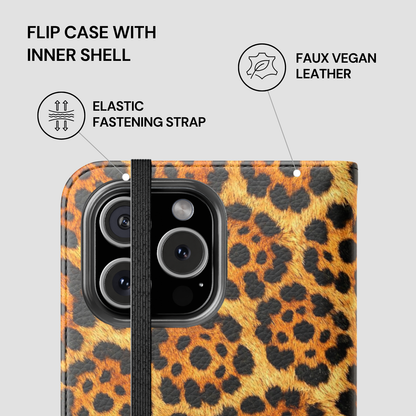Leopard print phone case with features highlighted on a gray background