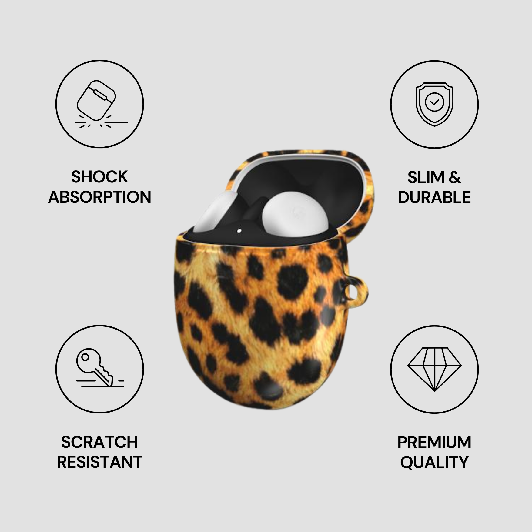 Leopard print case with product and feature icons on a light gray background