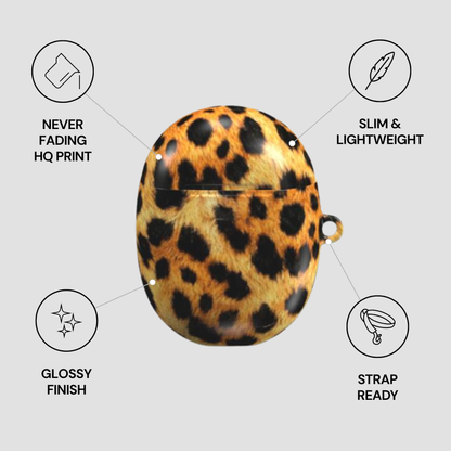 Leopard print case with features listed on a gray background
