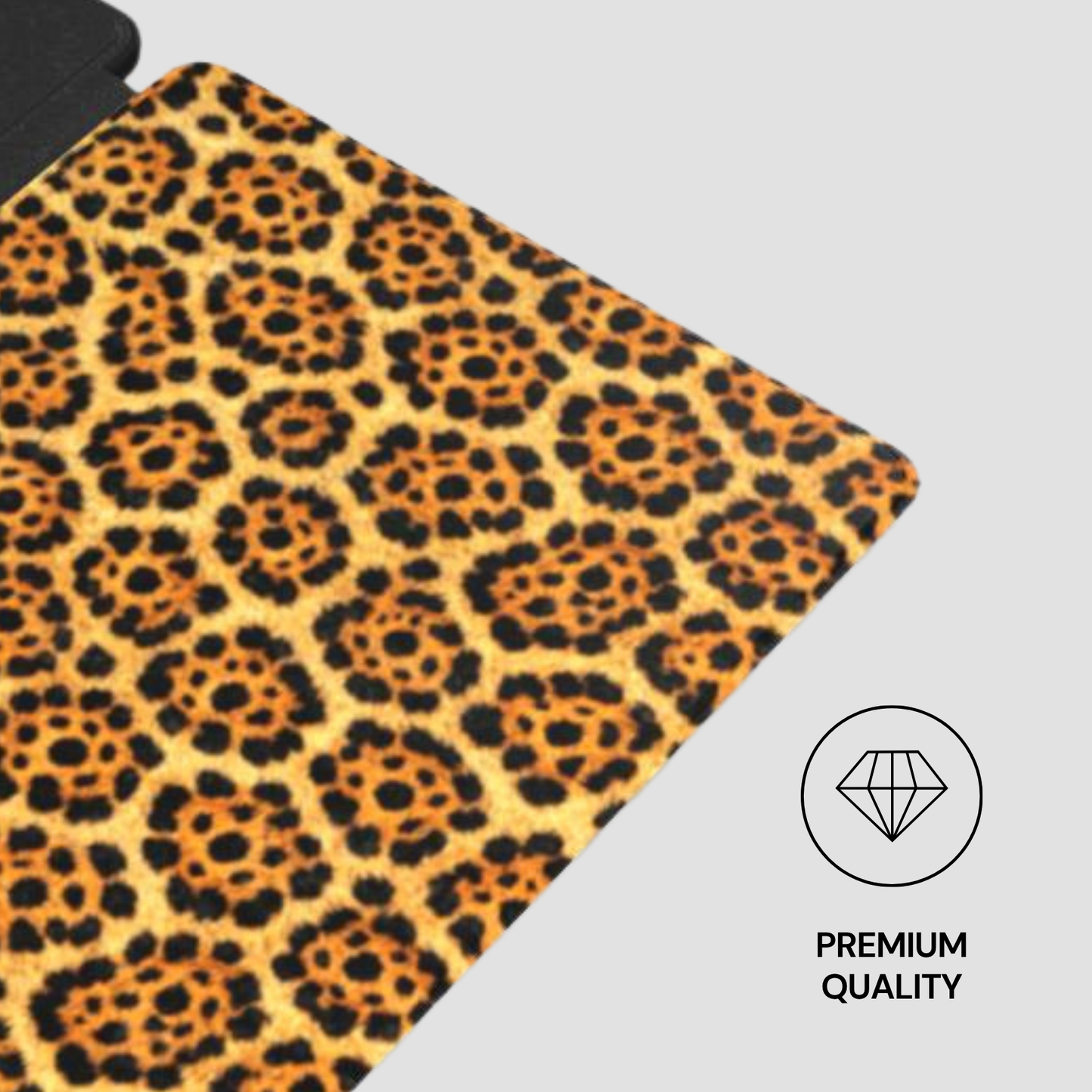 Leopard print mat with a 'Premium Quality' diamond icon on a light gray background