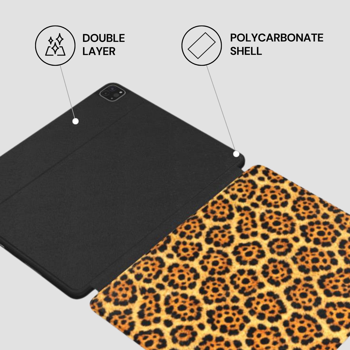 Two tablet cases, one black and one with a leopard print, on a light gray background.