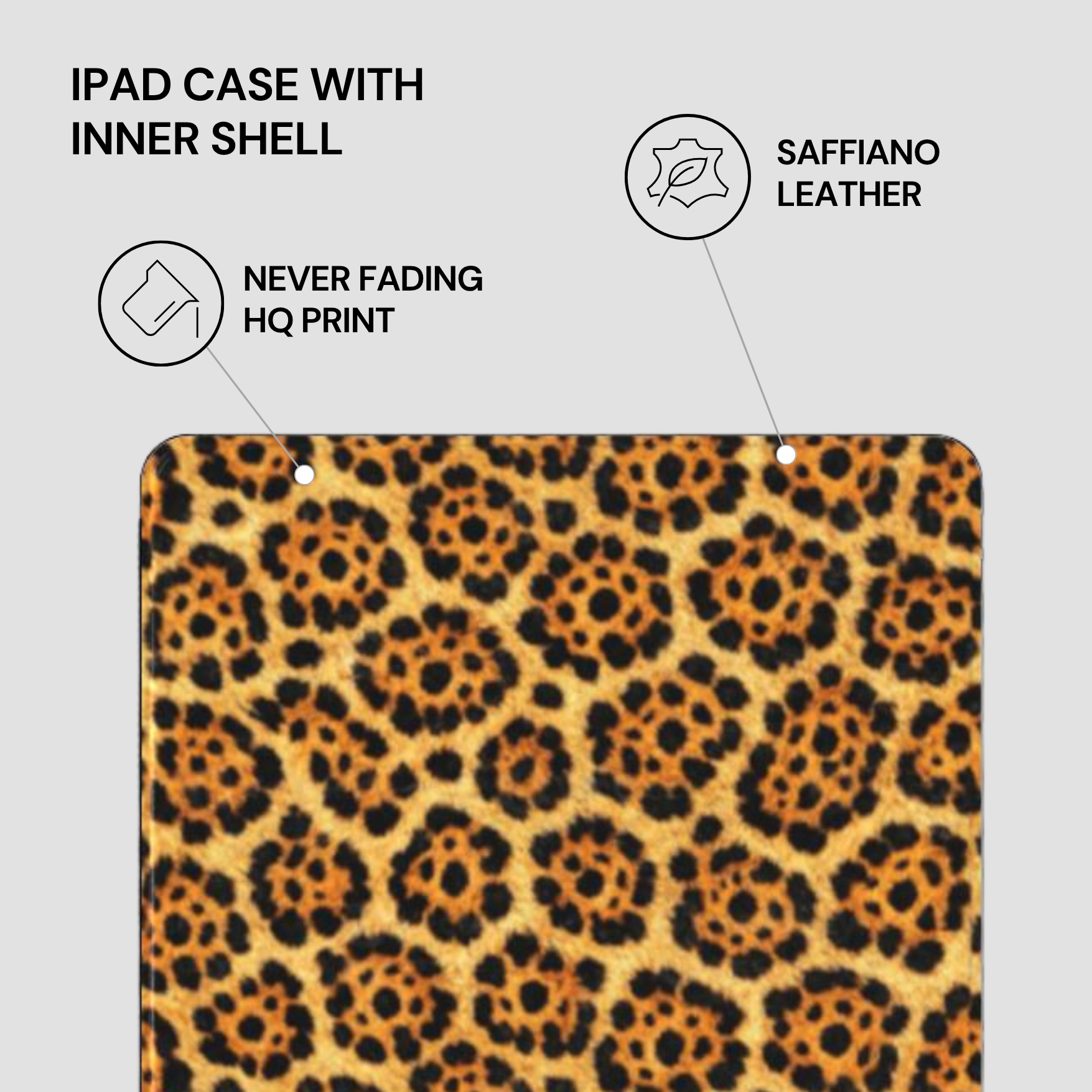 Leopard print iPad case with text highlighting features on a gray background