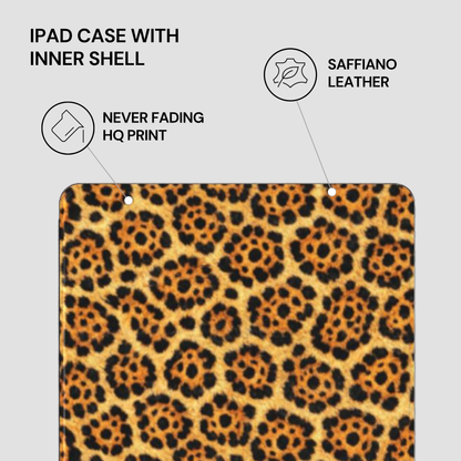 Leopard print iPad case with text highlighting features on a gray background