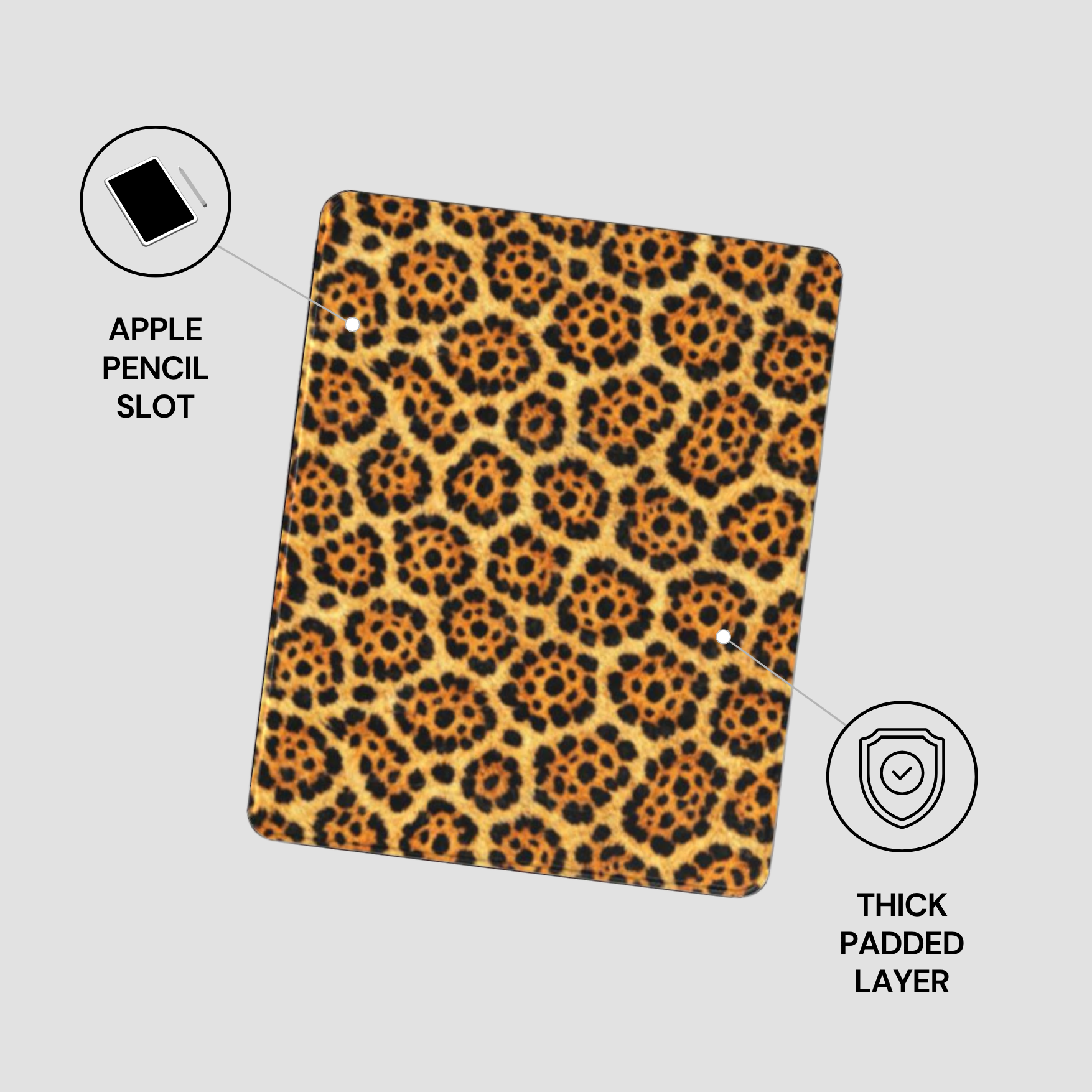 Leopard print case with Apple Pencil slot and thick padded layer on a gray background