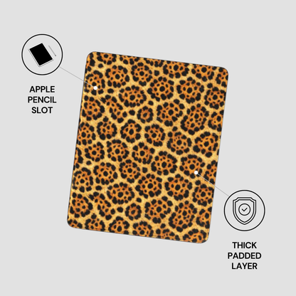 Leopard print case with Apple Pencil slot and thick padded layer on a gray background