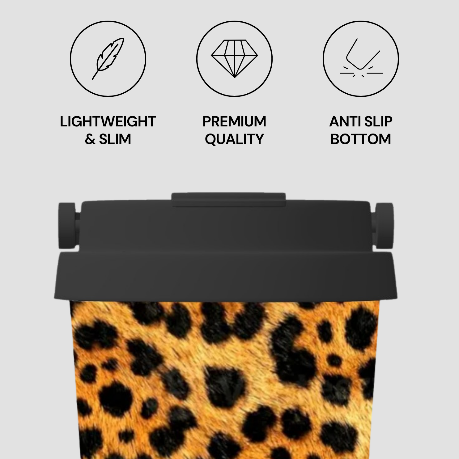 Leopard print product with 'Lightweight & Slim', 'Premium Quality', and 'Anti Slip Bottom' features on a gray background.