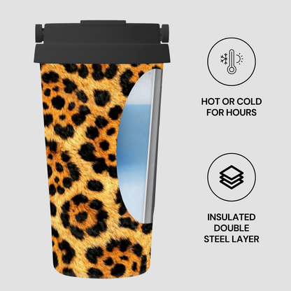 Leopard print tumbler with insulated design features on a gray background