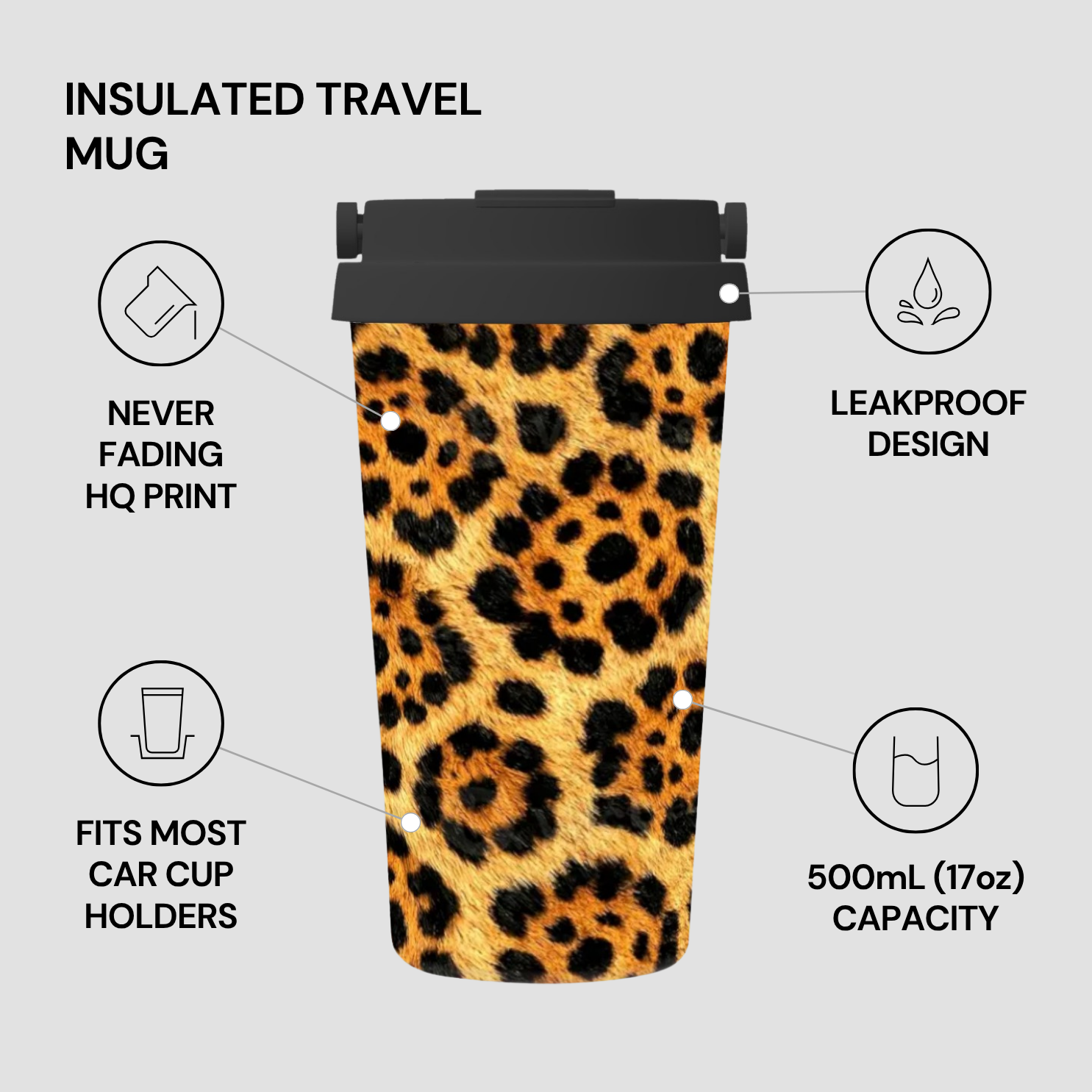 Leopard print insulated travel mug with features listed on a gray background
