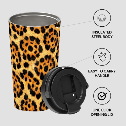 Leopard print tumbler with black lid on a light gray background