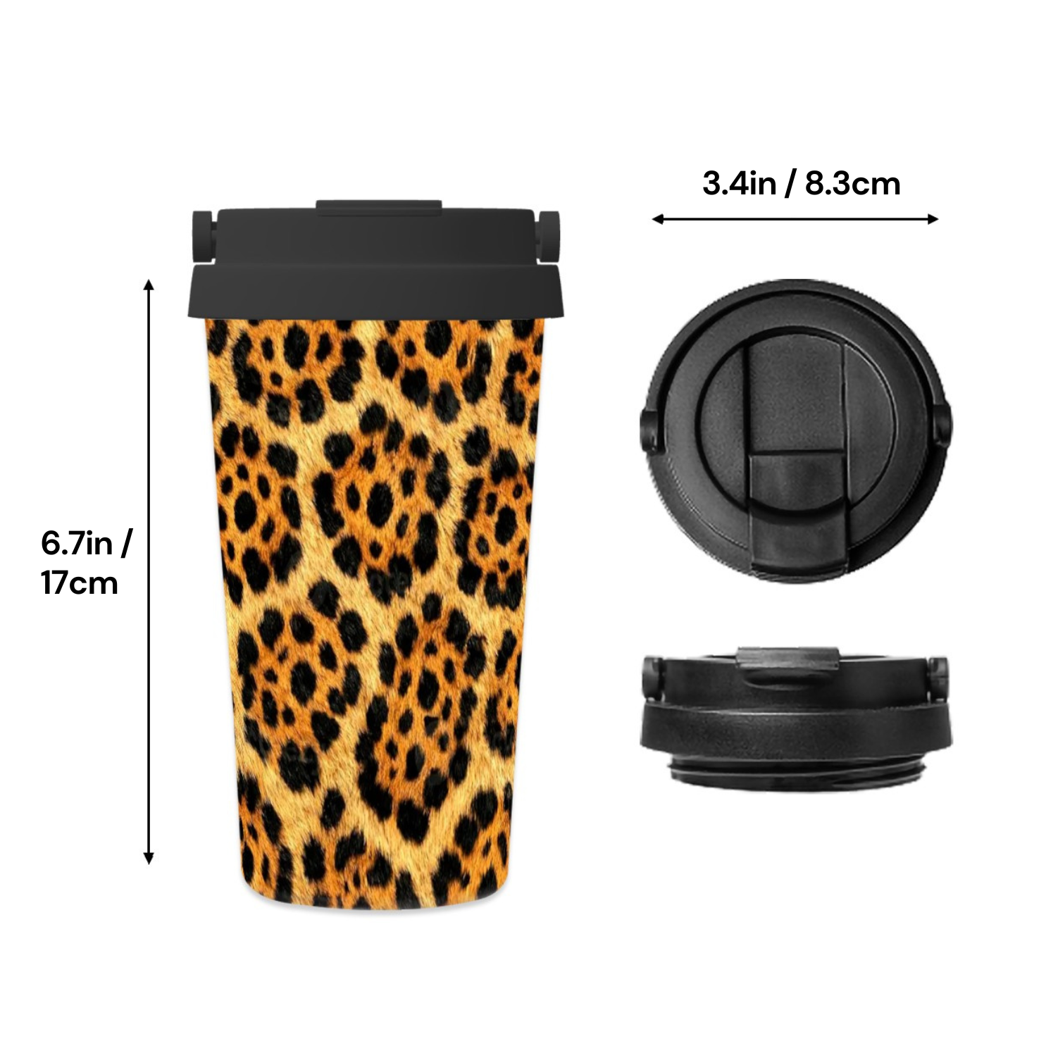 Leopard print travel mug with black lid and measurements on a white background